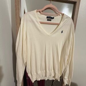 Polo Ralph Lauren Cream V Neck Pima Cotton Sweater Pony Logo Size L
